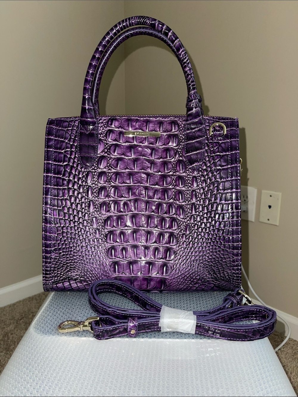 Brahmin Purple Croc-Embossed Leather Satchel with Gold Charm - Picture 4 of 8